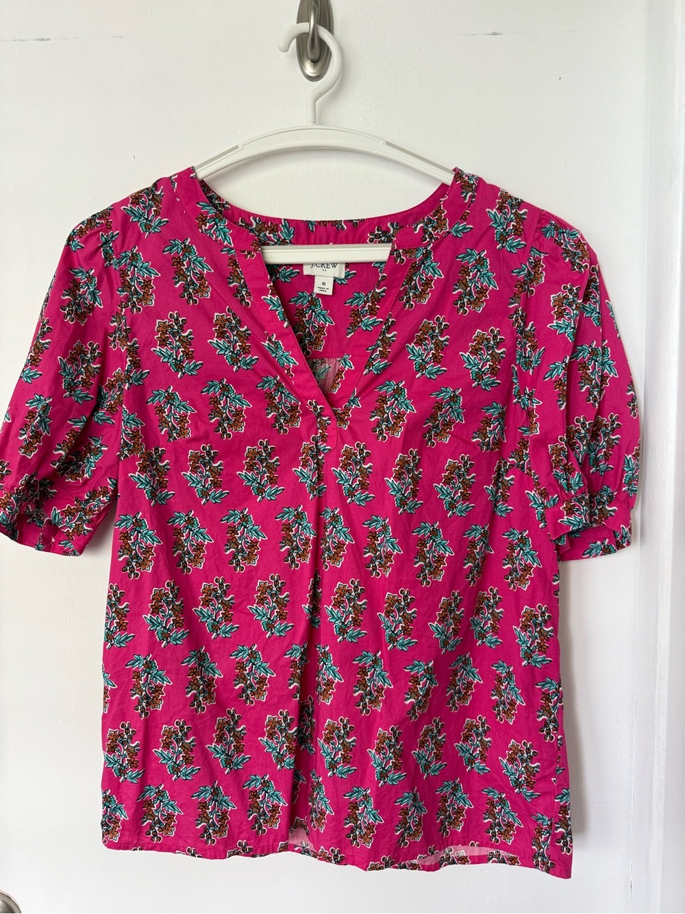 J. Crew Hot Pink Floral V-Neck Short Sleeve Blouse